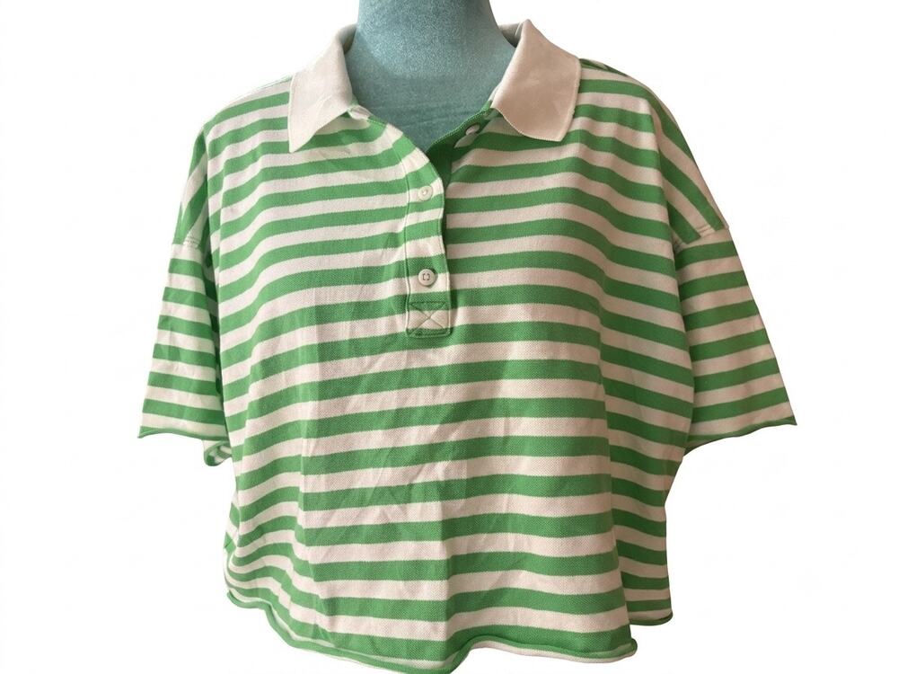 AERIE Striped Cropped Polo Shirt Cotton Blend Size S Excellent Green White